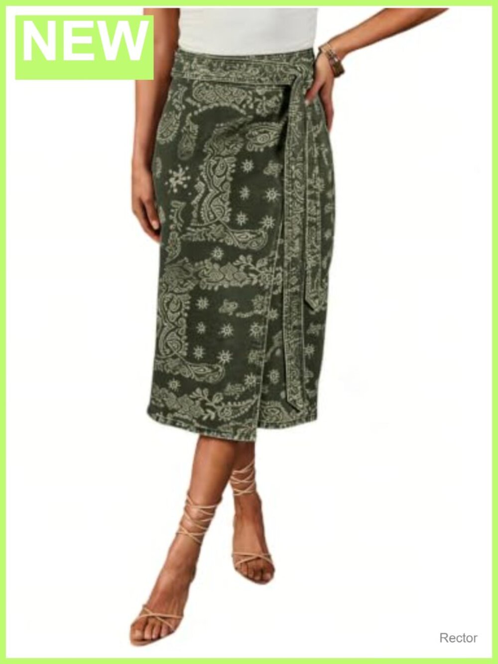 Women's Floral Print Wrap Denim Midi Skirt High Waist Tie Belt Cotton